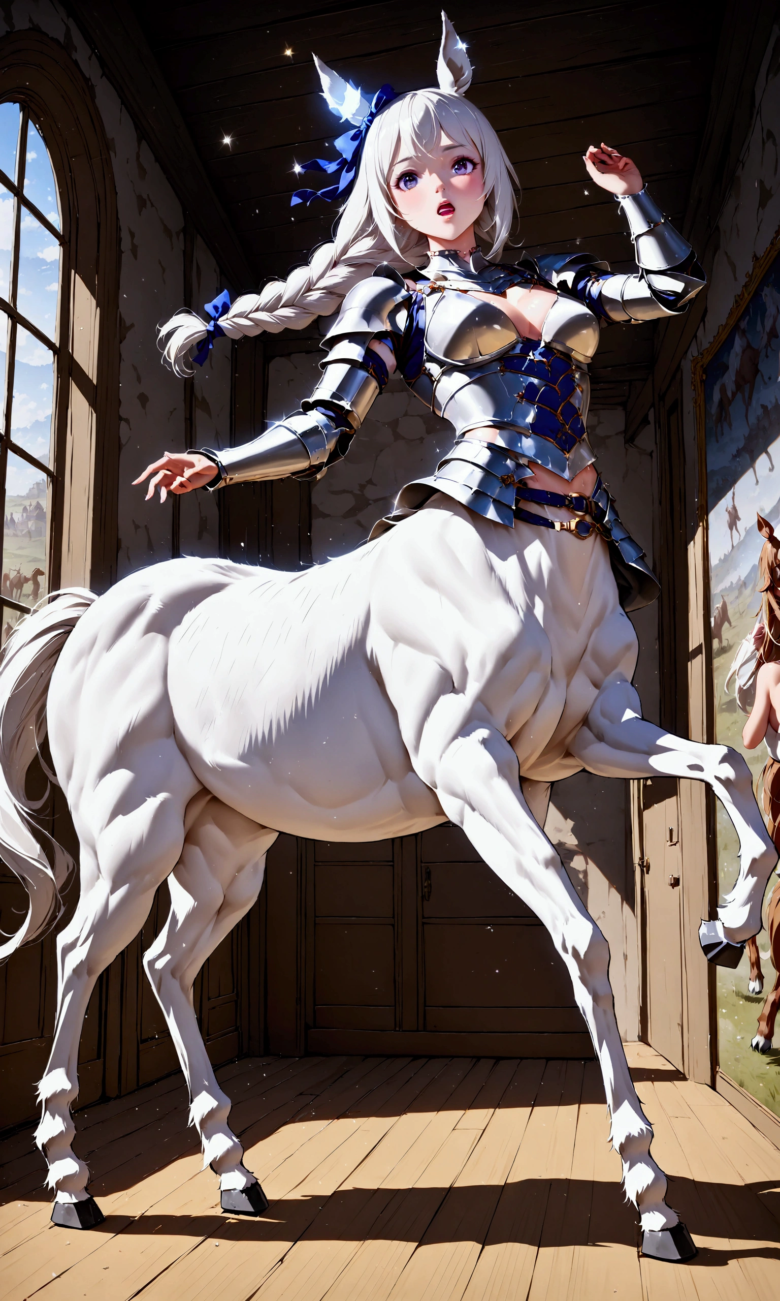 8k,wallpaper of extremely detailed CG unit, masterpiece,hight resolution,top-quality,top-quality real texture skin,hyper realisitic,increase the resolution,RAW photos,best qualtiy,highly detailed,the wallpaper,cinematic lighting,ray trace,golden ratio, BREAK ,1girl\(beautiful fantastic ,pretty, female, (centaur\((lower body is very beautiful white horse body:1.3),horse ear,hooves,\):1.4), unicorn horn on her head, long beautiful braid platinum hair, floating hair, wearing platinum heavy armor ,Horse Armor, holding beautiful platinum mace raised above her, screaming loud\), BREAK ,background\(medieval European battlefield, many centaur soldiers fighting\), paintings with lots of writing, heavy paintingsbattlefield, lots of centaur soldiers doing battle), paintings with lots of writing, heavy,from blow, dynamic angle