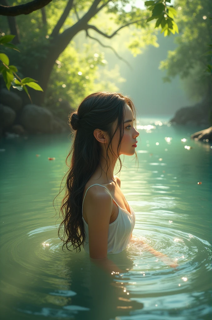 a beautiful girl in a large summer forest, sunlight reflecting on a river, the girl preparing to take a bath, detailed face and body, realistic, photorealistic, high quality, 8k, detailed environment, lush greenery, sunlight shimmering on water, serene atmosphere, in the style of Wadim Kashin