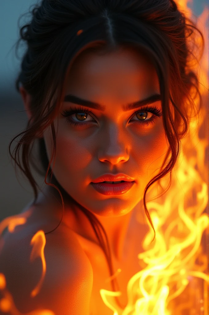 Selena Gomez wrapped in fire, burning, closeup