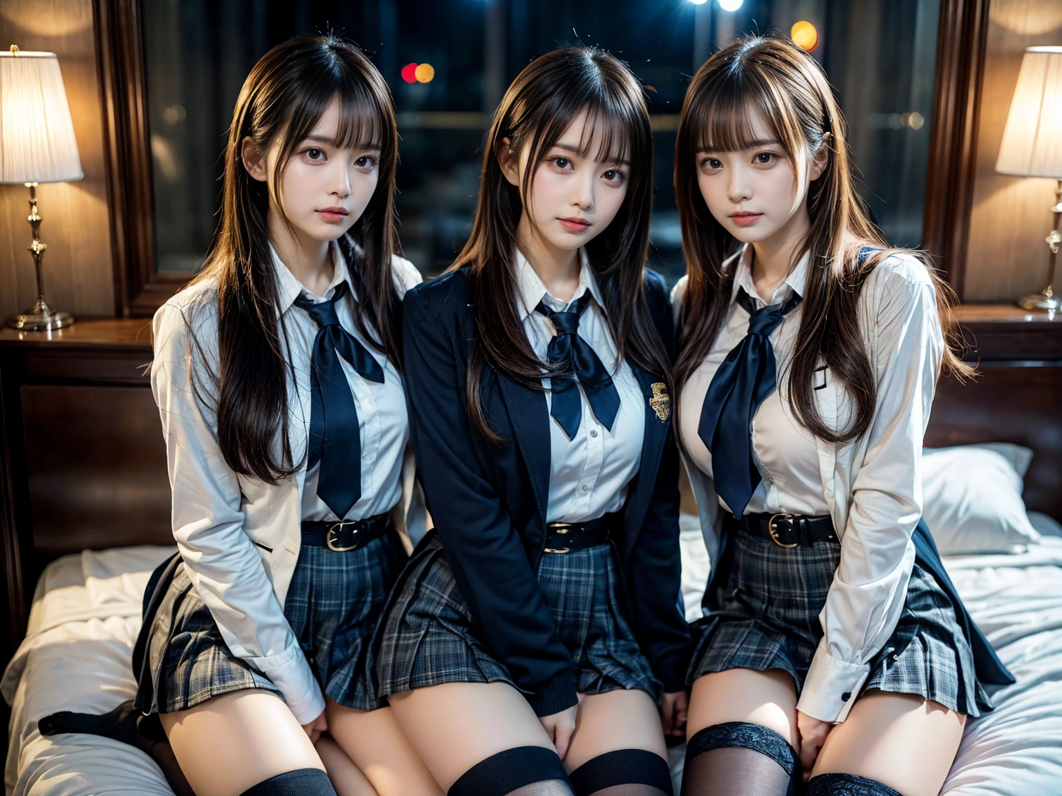 (8K, Raw photography, top-quality, ​masterpiece:1.2), master piece, best quality, illustration, Super detailed, fine details, High resolution, 8K,wall paper, perfect dynamic composition,(Details High quality, realistic depiction of eyes:1.3), ((2 girls, 2 schoolgirls)), The background is a luxury hotel room、High school girl uniform、blazer 、Super Short Check Uniform Skirt、Navy blue high socks、garterbelts、Colossal tits、Disturbed uniform, Play with each other,Touching each other's bodies,Touching the body of the girl next door, short bob hair, black hair color, huge breasts, Big Natural Color Lip, bold sexy pose, (perfect body shape), crying a little、cold gaze,  Beautiful makeup,glitter makeup,Cutest 1, beautiful legs, hposing Gravure Idol, Voluptuous thighs