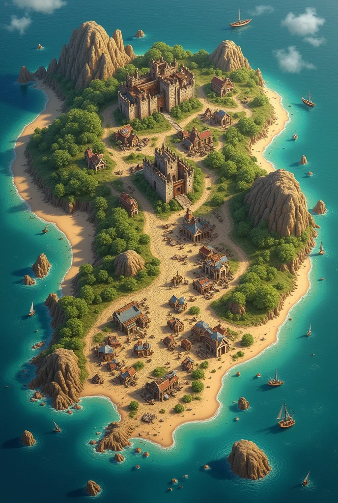 Map of an island surrounded by sea and beaches of a medieval kingdom. , You must mark the place where the arms and supplies market is located., castle , Guild Office , etc., And in the medieval world, there were many houses. , Ancient fantasy, There are no ships at sea.