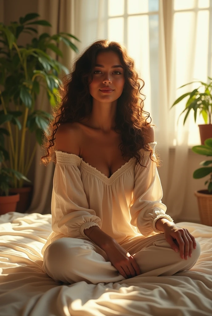 (photorealism:1.2), beautiful woman, sitting on bed, wearing loose off-shoulder top, pajama pants, long curly hair, indoors, soft lighting, plants in background, window with sunlight, cozy room, relaxed pose, realistic, intricate details, warm colors, by Greg Rutkowski, by Alphonse Mucha