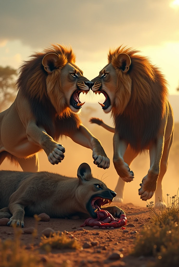 Two lions fighting eachother while a hyna eating a deer the lions hunted