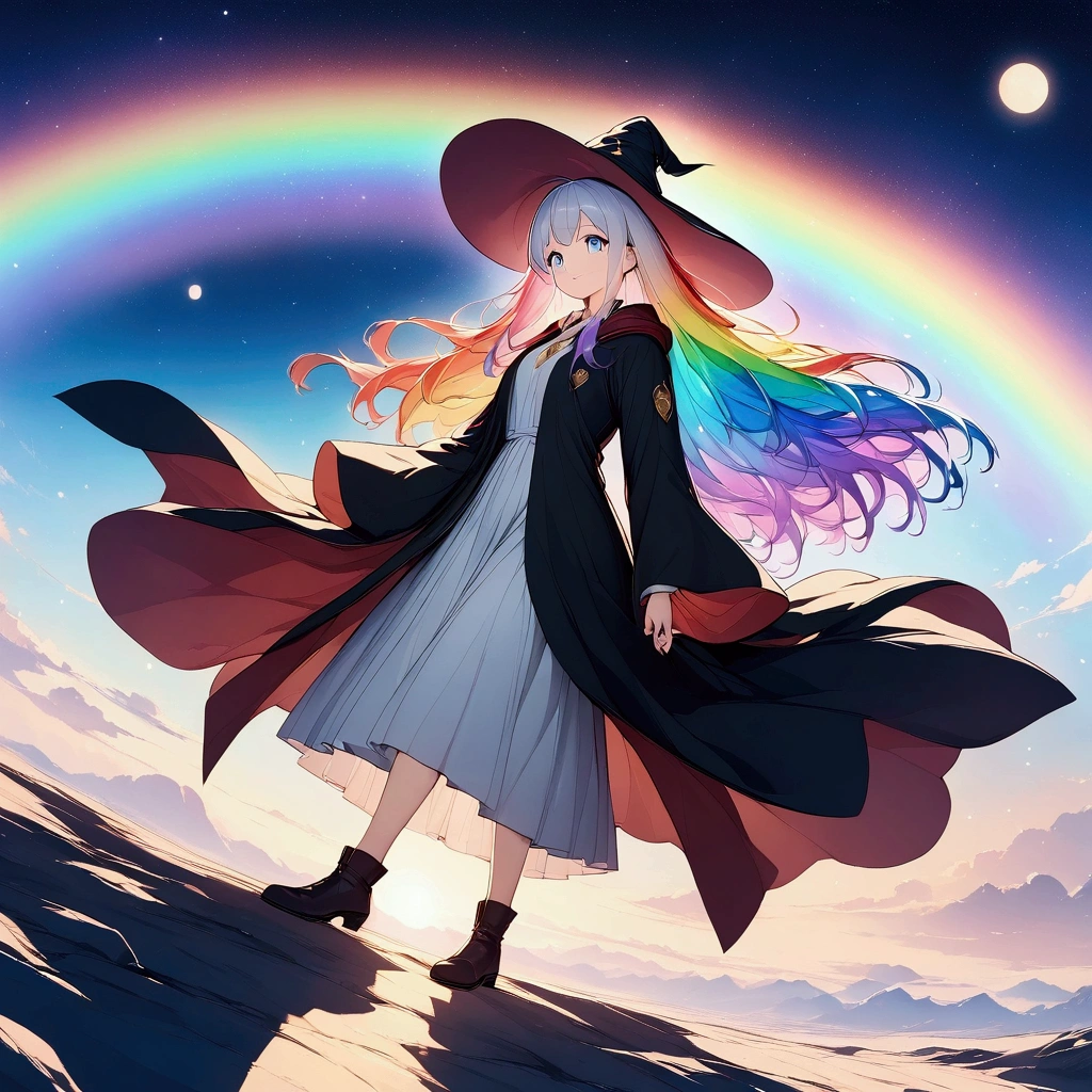 (((anime))) A woman riding a magic broom,Harry Potter-esque,Light comes from the broom,Point forward with your left hand,Light Powder Long Hair,Center Parting,(Rainbow Hair) Big Eyes,(Blue eyes),smile,Profile Magic Robe,red,Witch&#39;s Tricorner Hat Magical Sky,End of the Galaxy,Fantasy,Light from above,Backlight,masterpiece,Highest quality,Exquisite,8k,Absurd,Ultra-fine illustrations,third person,Far Angle