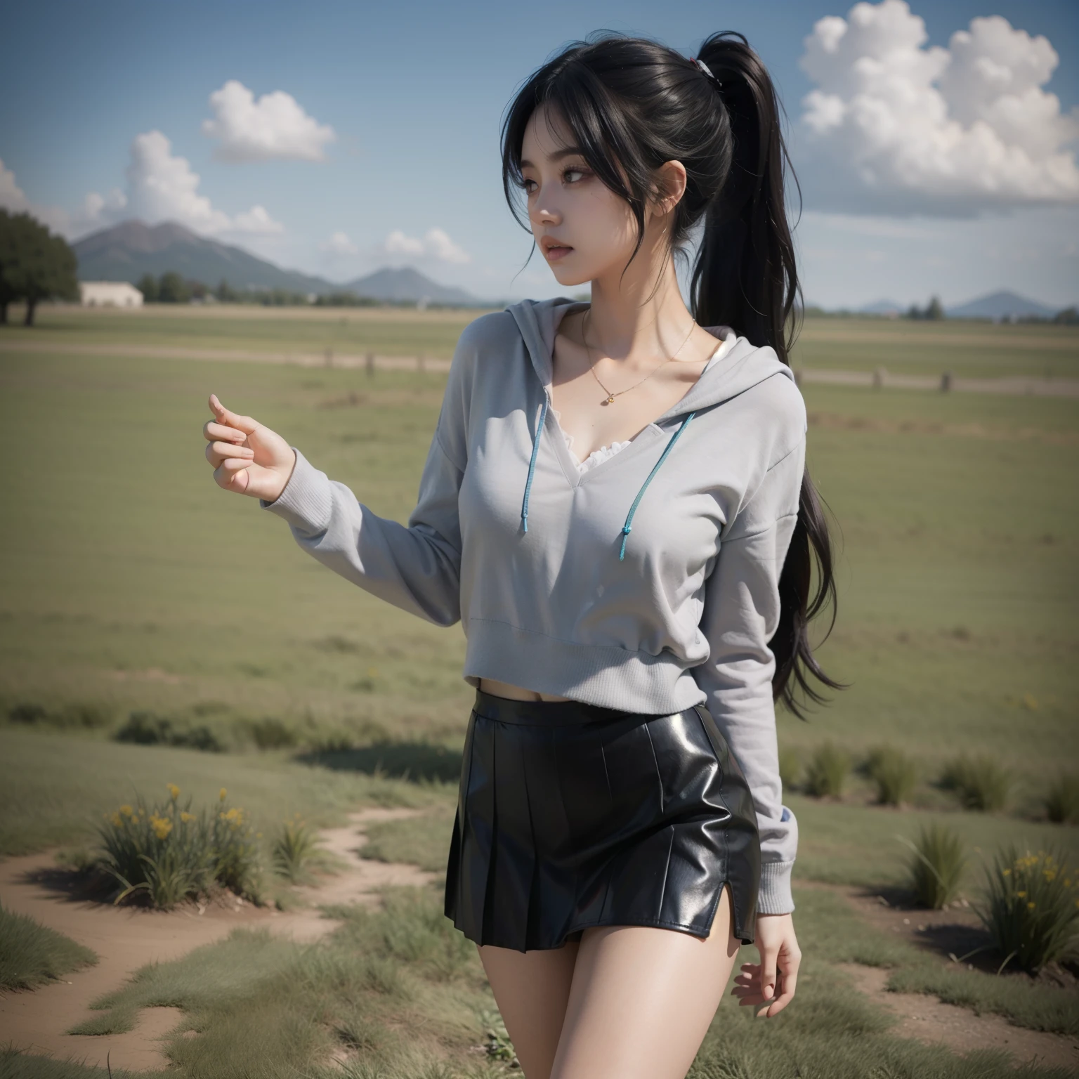 A digital illustration in anime style of a girl standing in a grassy field. She has long black hair styled in a ponytail and blue eyes. She is wearing a satin shiny red hoodie, a black leather pleated short skirt, black high heels, and a delicate necklace.