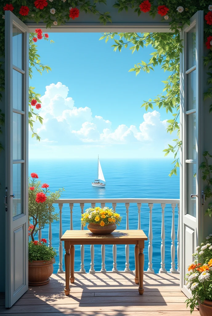 "Create a beautiful sea view from an open balcony. In the foreground, there is a wooden table adorned with vibrant yellow and white flowers. The balcony railing extends out, overlooking a calm sea that meets the horizon. The sky is a clear blue, dotted with fluffy white clouds. In the distance, a sailboat can be seen, adding a sense of tranquility to the scene. On either side of the balcony, there are open doors, with red flowers and green leaves. highly detailed background. unity 8k wallpaper