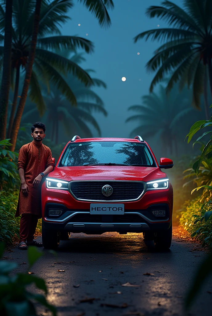 A handsome Indian boy stand with mg hector red car at road in jungle at night