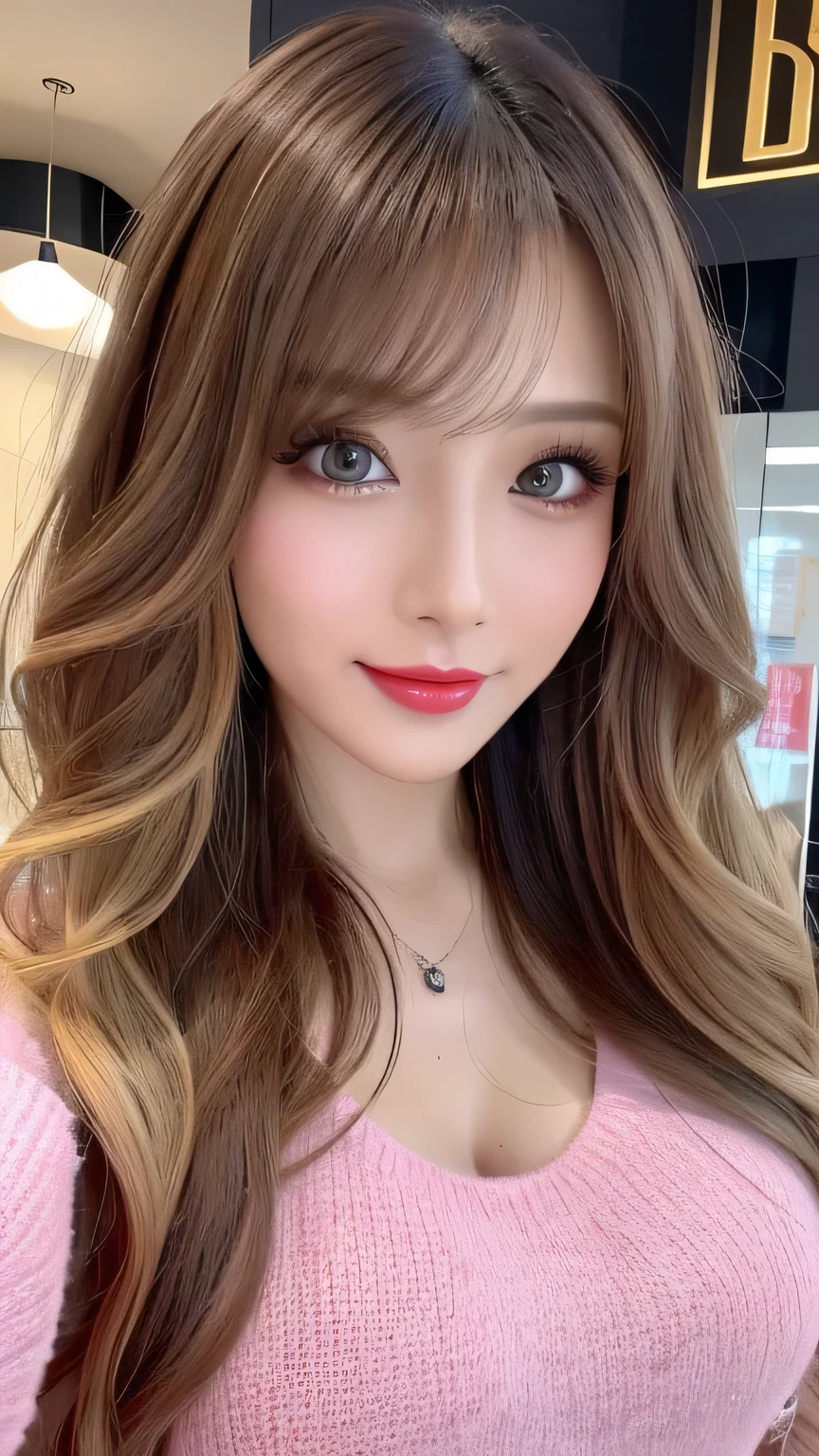 (Cowboy Shot、Highest quality、8k、Award-winning works、Ultra-high resolution)、One beautiful woman、(The perfect and sexiest cleavage revealing sweater:1.1)、Perfect big breasts、(bionde:1.1)、Bright color contacts、Perfect Makeup、Bright and shiny lipstick、(Very heavy makeup:1.2)、(Deep pink around the eyes:1.1)、Beautiful bright eyeshadow、Heavy makeup around the eyes、(Huge breasts:1.2)、very long wavy hair、(Romantic affection:1.1)、The best smile when you see me、(Most of them emphasize the body line.:1.1)、(Strongly blurred and vibrant background of the Omotesando street:1.1)、(Strongly blurred background:1.1)、Accurate anatomy、Ultra HD Hair、(Ultra-high resolution for perfect, beautiful teeth:1.1)、Ultra-high definition beauty face、Ultra HD Hair、Ultra-high definition sparkling eyes、Shining, Ultra-high resolution beautiful skin、Ultra-high resolutionの艶やかな唇