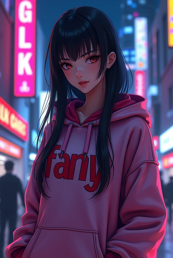 Create a character anime, {background: capital text “GLBK”, night city}, tanned skin,
realistic, HDR, beautiful, japan style, full body, use piastol, age 20, hoodie HD text: “FANY”, female, long hair