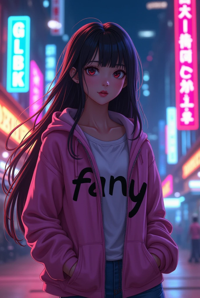 Create a character anime, {background: capital text “GLBK”, night city}, tanned skin,
realistic, HDR, beautiful, japan style, full body, use piastol, age 20, hoodie HD text: “FANY”, female, long hair