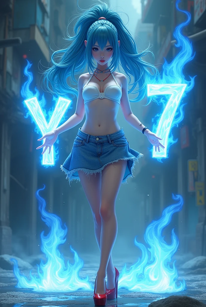 A Japanese woman with fiery blue hair, in a denim skirt, white bikini and red high heels, holding the letter Y and the number 7 of blue fire in his hands.