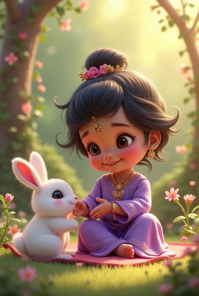 Cute Indian girl Purple outfit
playing with rabbit
