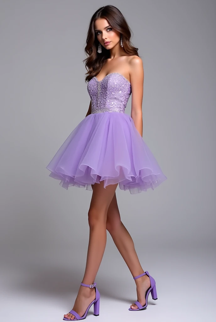 Create an image of a model wearing a lilac short prom dress with a purple chunky 4 inch heels with no straps non sandal