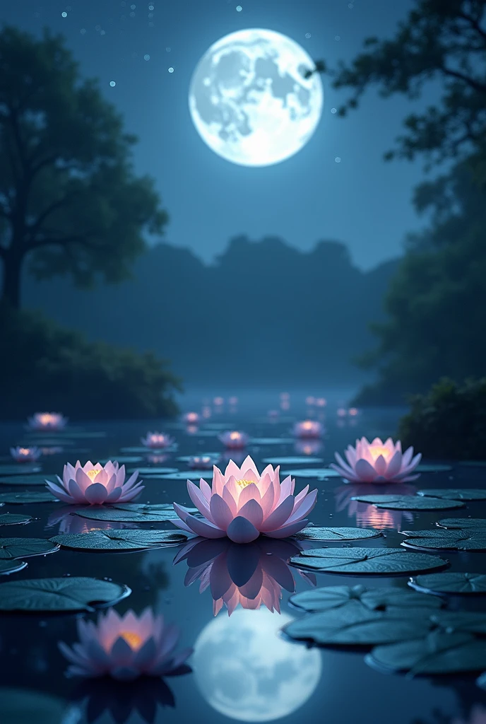 Night pond lotus flowers in the pond full moon beautiful details lights long shot mysterious