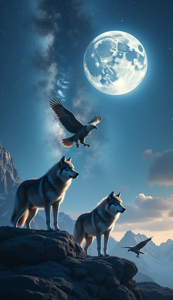 wolfs and Eagles Under the Milky way and Moon and have a Galaxy Background
