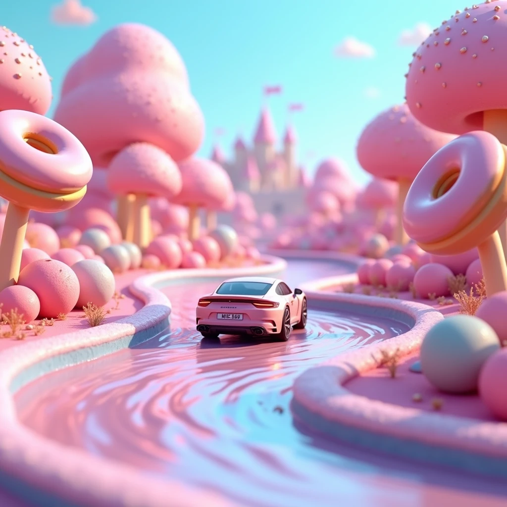 A car driving on the winding road of the Candy Kingdom, vehicle close-up, oblique side view, candy, tree lollipops, only in the form of doughnuts, candy colorful, surreal, castle in the distance, picture in pink and blue, 3D, depth of field