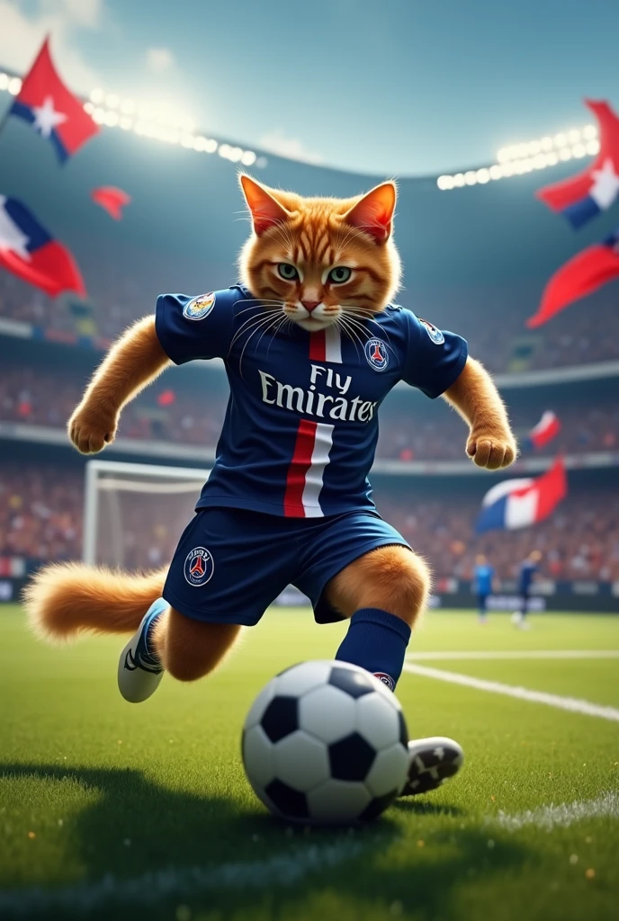Un chat qui tire un penalty devant des supporters du PSG
