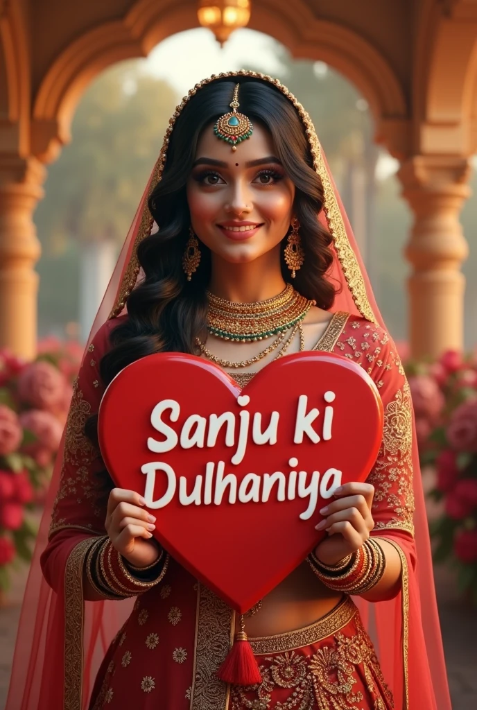 (photorealism:1.2), "
Punjabi bridal girl stand in marriage hall .take heart with name of' "
संजू की दुल्हनिया " curly hair . sar par pallu.