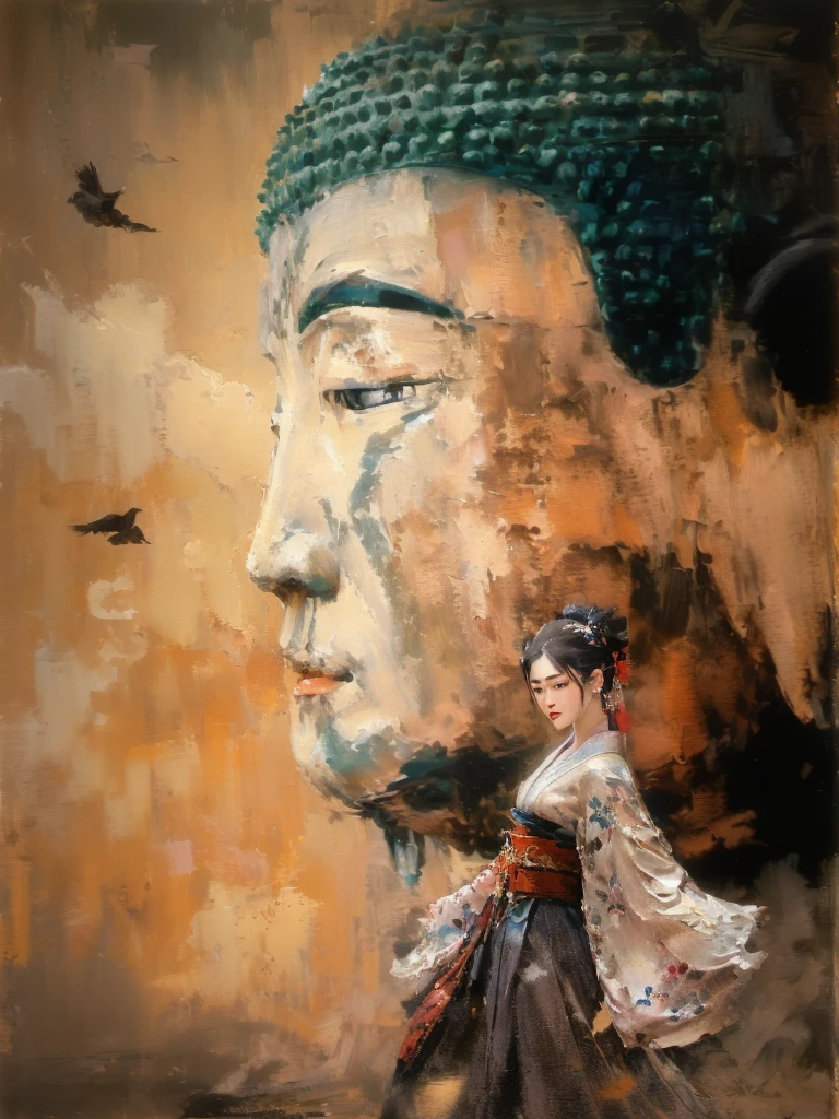 painting of a woman in a traditional dress walking past a large buddha statue, japanese art, inspired by Jin Nong, by Ma Quan, japanese art art, japanese goddess, portrait of geisha, inspired by Tosa Mitsunobu, japanese art style, ancient japanese, serene expression, 8k resolution.oil on canvas, guweiz masterpiece