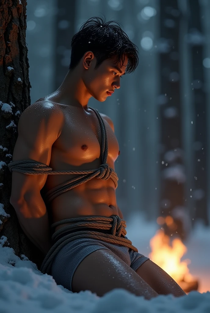 (((muscled, shirtless guy))), (((19 yo, slim, muscular, fit twink))), (((ripped sixpack))), ((((Trussed up completely with rope)))), ((((ropes crossed over chest)))), (((body trussed up in tight fitting shibari ropes))), (((beautiful boy))), (((beautiful face, K-pop type))), (((slim fit body))), ((medium-lenght curtain hairstyle))), (((wearing speedos))) kneeling, (((arms behind back))), , Smiling,(((in a dense snowy forest))), ((leaning against a tree))), night scene, illuminated by a campfire