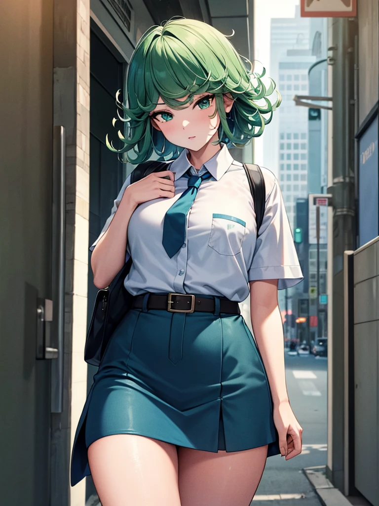 (high res, 8K, masterpiece, looking at viewer, best quality, very aesthetic, ultra detailed, ultra background, ultra Eyes) intricate details, 1girl, Tatsumaki, Chibi, short sleeved white shirt, Light Blue Gray short skirt, Pockets on the left chest, Blue Gray Tie, Wearing a belt, Black Sling bag, green short hair, green eyes, Standling, normal face, Background City, Store, Cinematic Angle