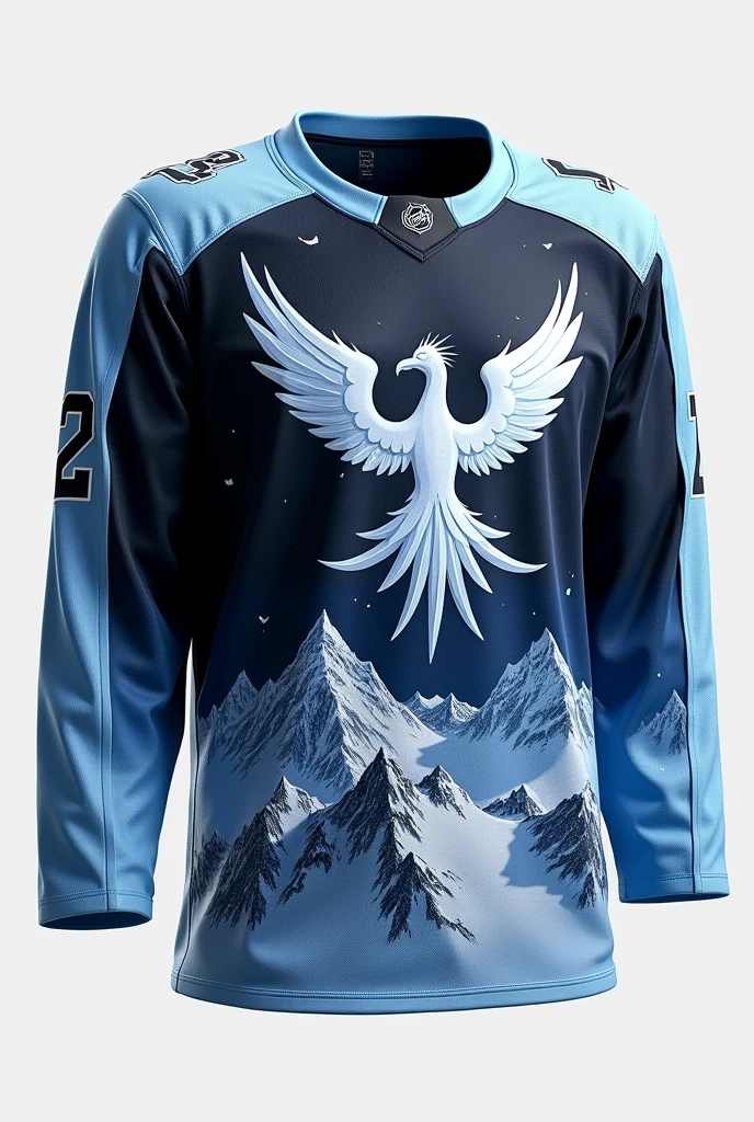Create a jersey design with following ideas
Color Palette: Darker shades of blue, black, and gray, with hints of icy white.
Articuno Placement: Articuno can be depicted soaring above mountain peaks on the front of the jersey, with its tail feathers trailing down the side.
Texture: Add a subtle texture that mimics the roughness of icy mountain terrain, with shadow effects to add depth.
Side Panels: Use gradient colors along the side panels, transitioning from the base color of the jersey to a lighter, icy blue.
Logo and Number Accents: Consider making the numbers and team logo frosted or giving them a cracked ice appearance.