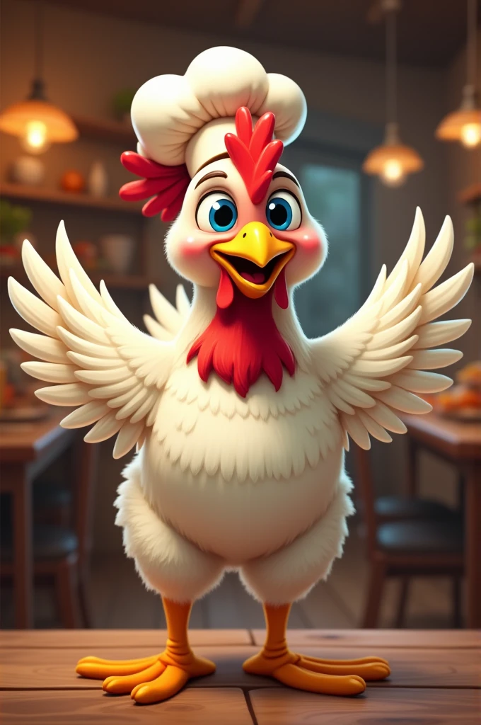 A chicken that is a chef with blue eyes, red neck and spread wings welcomes people.
