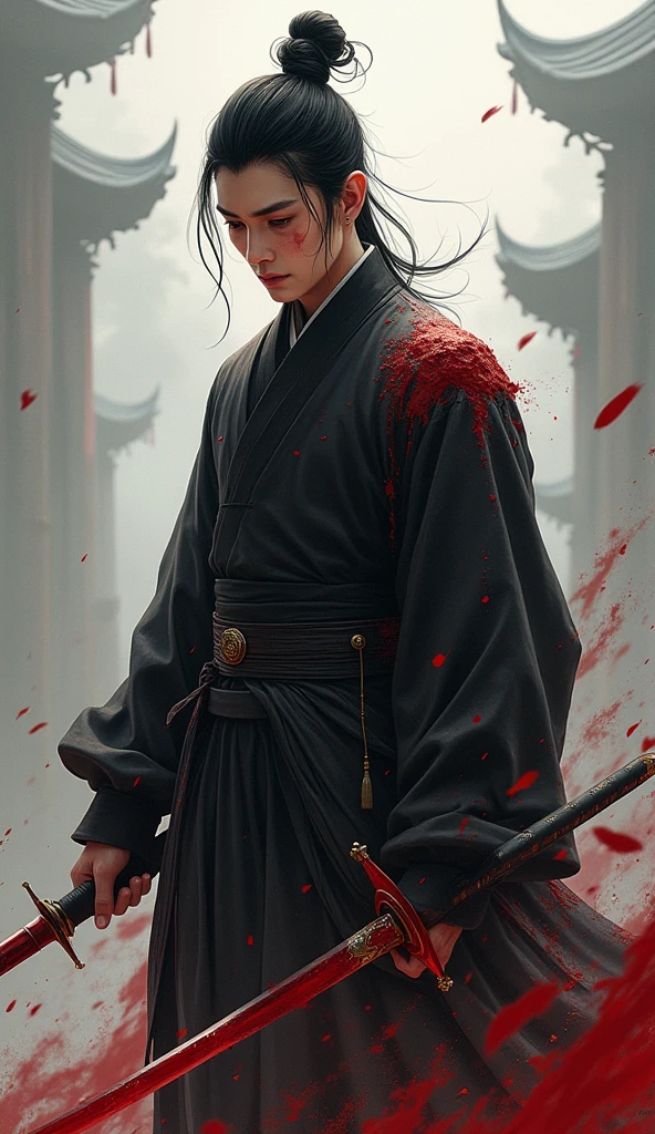 A boy in his 20s, chinese black historical costume, holding a bloody sword, face and clothes covered with blood, ashes in the air, sad eyes, illustration, chinese idol face, beardless