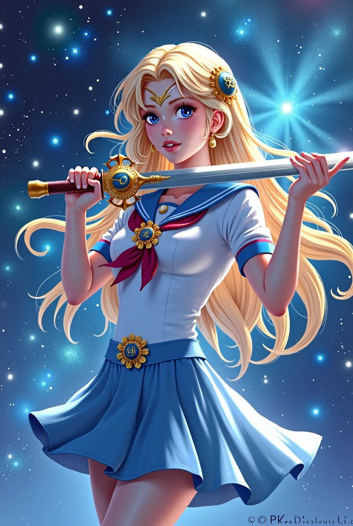 A girl in a sailor suit wearing a blue dress and holding a sword、Stars in the background, Sailor Moon anime drawings, Pixiv, Space Art, Zodiac Knight Girl, portrait Zodiac Knight Girl, Sailor Galaxia. beautiful, Blonde girl in space dress, Anime Goddess, Portrait Anime Astronaut Girl, blonde anime girl with long hair, I also make fan art