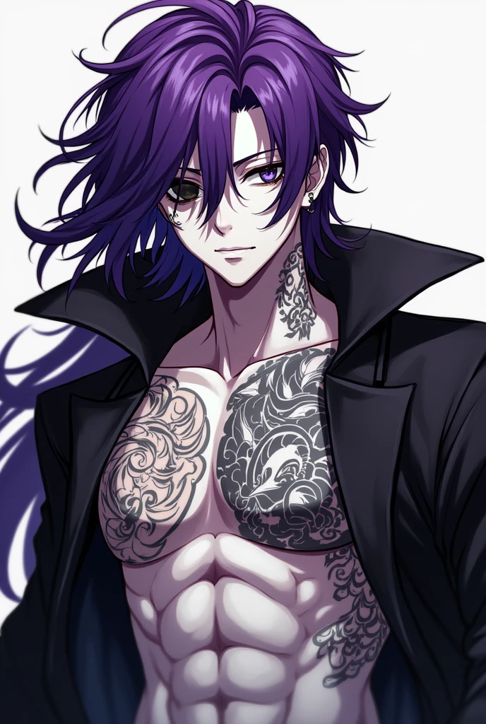 White-skinned man with one black eye and the other black,long purple hair dressed as a yukuza showing her chest and torso with piercings and tattoos art Ia anime
