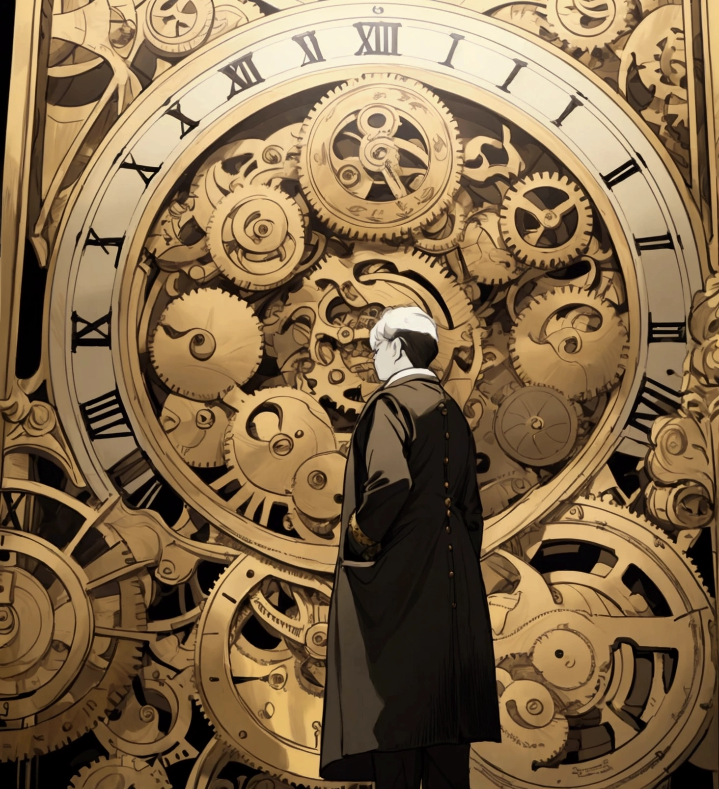 In the image, The silhouette of a person is seen from behind and his face is not visible, standing out against a complex and detailed background. Behind the silhouette, The background is filled with clock gears of different sizes, all interconnected and moving, suggesting the passage of time and mechanical precision. besides, There are multiple clocks distributed throughout the fund, each showing a different time. These watches vary in design, from antique pocket watches to wall clocks with elaborate gold details. The combination of gears and clocks creates an atmosphere of intricate machinery and a sense of temporality.. The predominant color scheme is gold, which gives the image a vintage and elegant touch. An ornate frame surrounds the image, adding an additional element of sophistication and artistic detail.