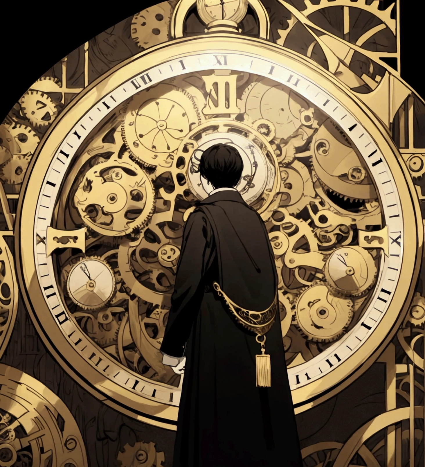 In the image, The silhouette of a person is seen from behind and his face is not visible, standing out against a complex and detailed background. Behind the silhouette, The background is filled with clock gears of different sizes, all interconnected and moving, suggesting the passage of time and mechanical precision. besides, There are multiple clocks distributed throughout the fund, each showing a different time. These watches vary in design, from antique pocket watches to wall clocks with elaborate gold details. The combination of gears and clocks creates an atmosphere of intricate machinery and a sense of temporality.. The predominant color scheme is gold, which gives the image a vintage and elegant touch. An ornate frame surrounds the image, adding an additional element of sophistication and artistic detail.