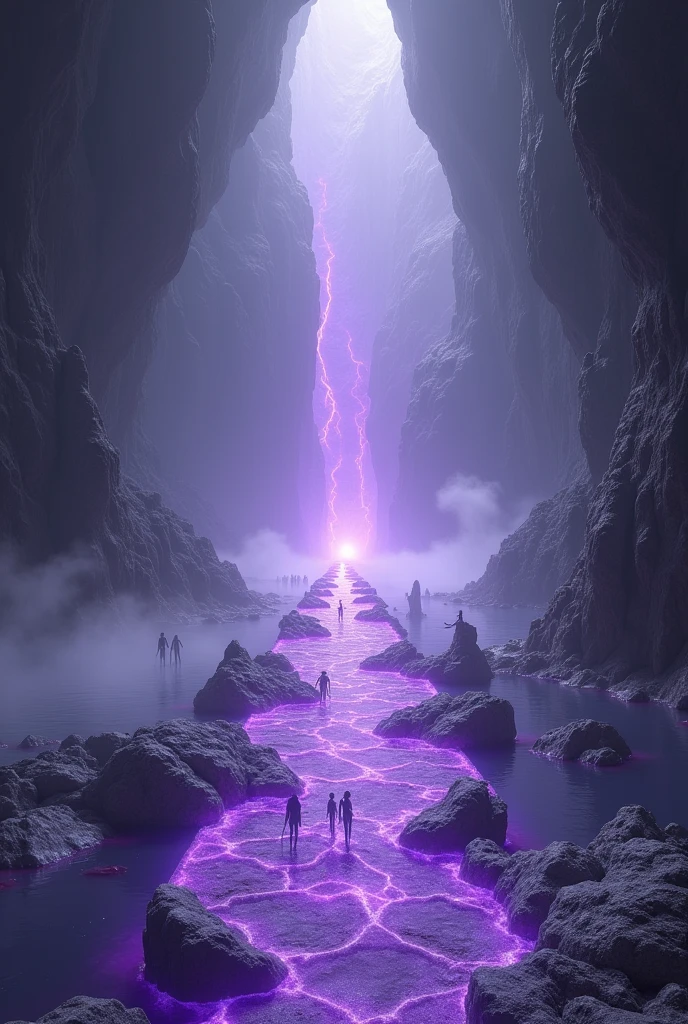 Inside a very large cave, in the center a path made of purple amethyst crystal in the middle of a temple, at the end of the path a purple crystal portal. On the ground crystal clear water with grasses Cave with fog and full of long-tailed reptilian humanoids walking towards the portal 