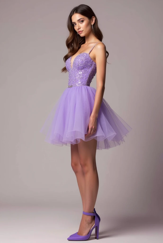 Create an image of a model wearing a lilac short prom dress with a purple chunky 4 inch heels with no straps non sandal
