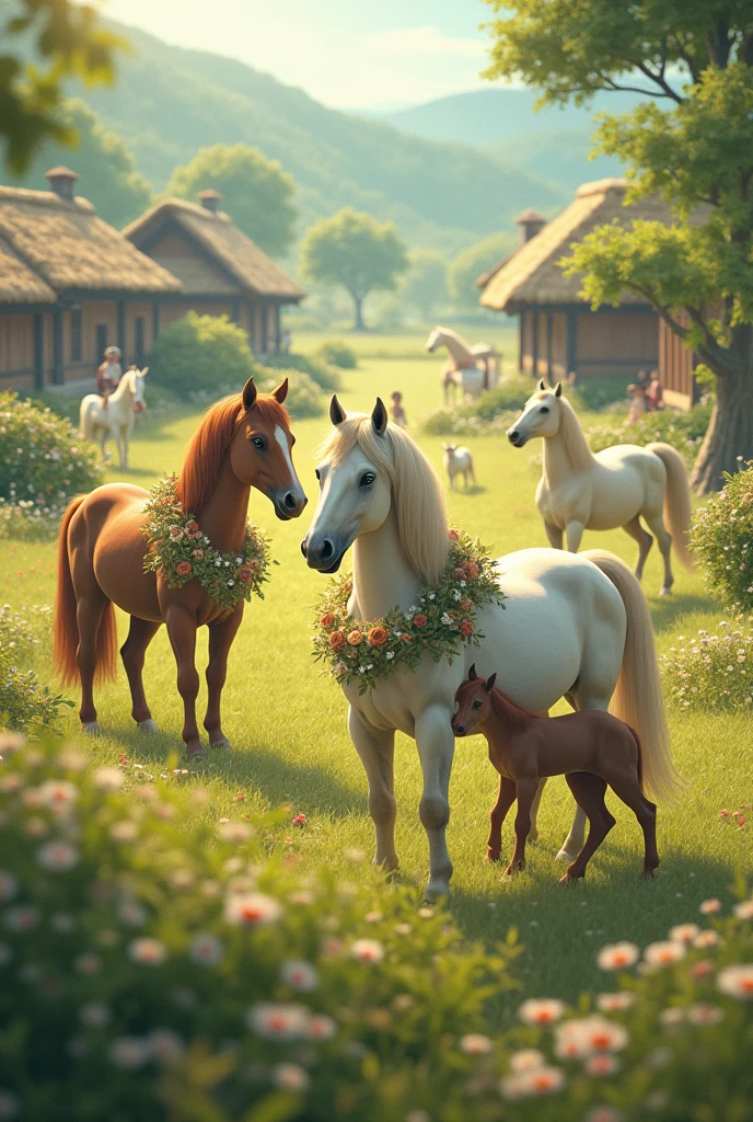 (masterpiece, Highest quality, shape, Subtle details, 8k:1.2),(Highly detailed CG Unity 8k wallpaper), (Highest quality), (Best illustrations), (Perfect Anatomy:1.2),Generate a highly detailed and realistic image of a pastoral village where several Centaurs live. These Centaurs have the body of a horse, but instead of a horse's neck and head, they have a human upper body with arms and a human head. Female Centaurs wear floral garlands or delicate shawls over their upper bodies, modestly covering their chests. The village is set in a peaceful, green landscape, surrounded by rolling hills and trees, with traditional thatched-roof cottages and open fields. The Centaurs are engaged in daily life, such as gathering flowers, playing with young Centaurs, and interacting with each other in a harmonious, serene environment. The atmosphere is tranquil and pastoral, with warm, golden sunlight illuminating the scene, highlighting the natural beauty and peaceful lifestyle of the Centaurs.