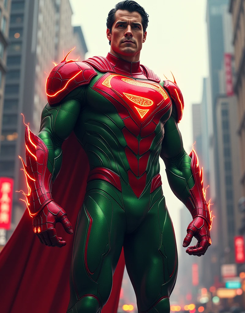Superman with Red flame armor fuse with spiderman green suit