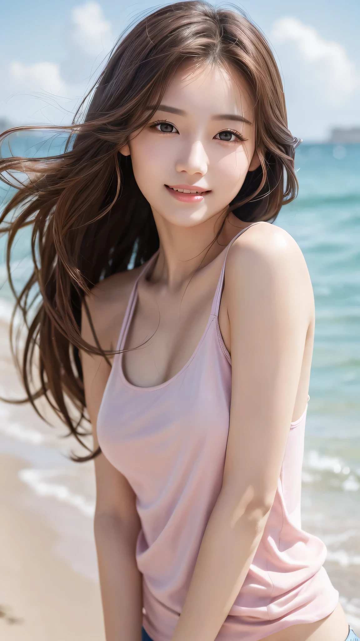 highest quality、genuine、Super detailed、finely、High resolution、8k wallpaper、one beautiful woman、、、light brown disheveled hair、wearing a pink tank top、sharp focus、perfect dynamic composition、beautiful and detailed eyes、thin hair、Detailed genuine skin texture、smile、model body shape、In a seaside