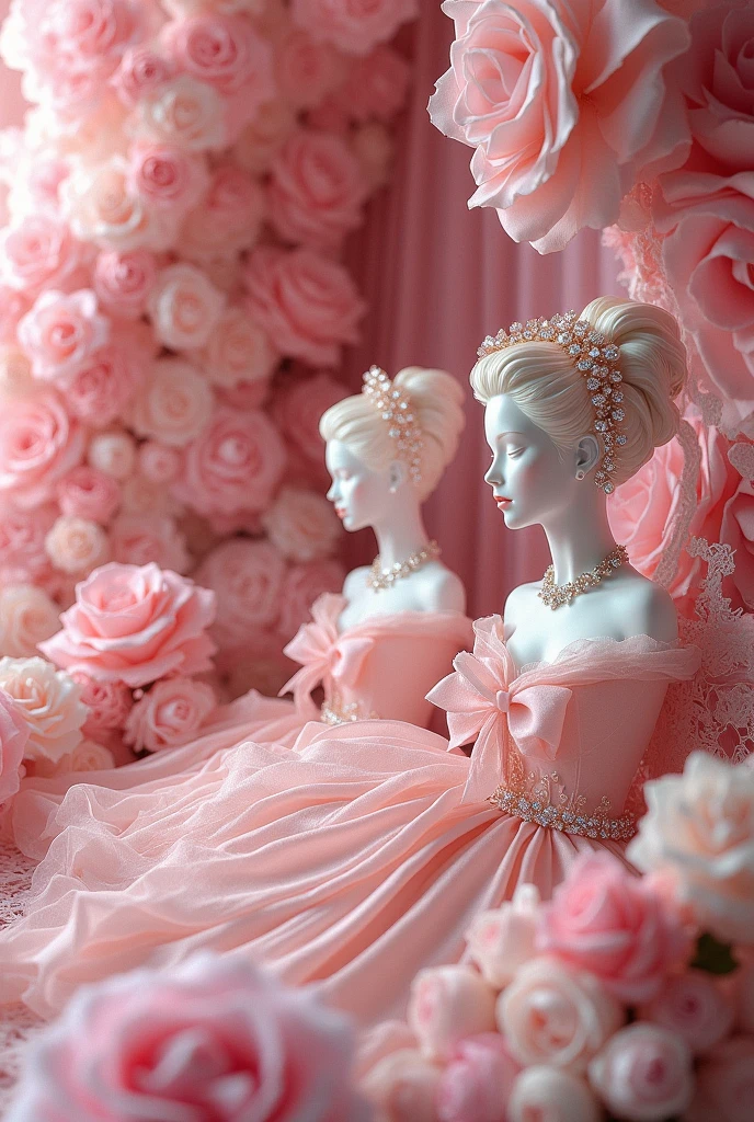 Pink background Lots of satin bow ribbons Lots of Pastel Color Roses White Lace Satin Frill A lot of jewelry Rococo