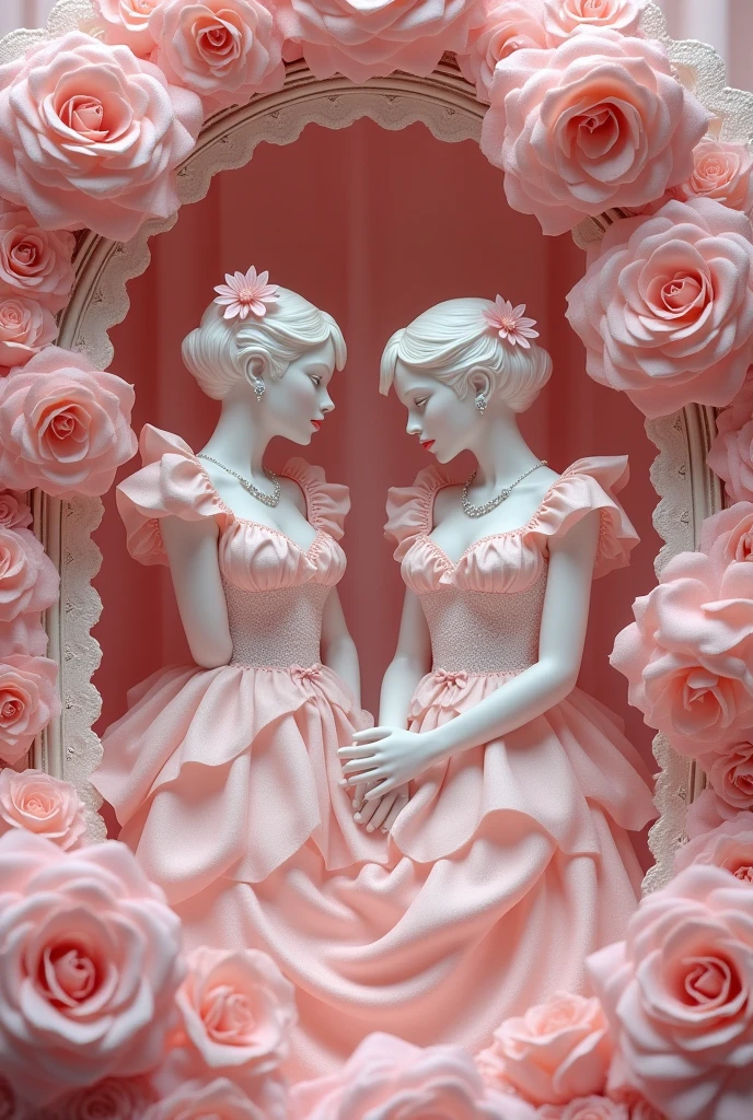 Pink background　Lots of satin bow ribbons　Lots of Pastel Color Roses　White Lace　Satin Frill　A lot of jewelry　Rococo
