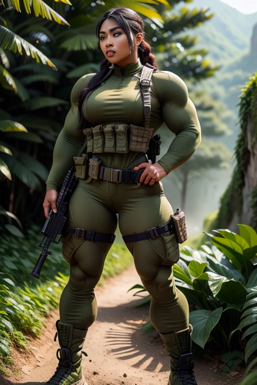 Photorealistic, high resolution, 1 malay woman wearing a green beret, Solo, Hips up, Battlefield background,view the viewer, (Detailed face), braided hair, wearing a green beret and a special team logo, SWAT vests, airborne logo on the chest, sniper rifle handle, camouflage combat suit, Camoflage military uniform, bulletproof vest, Holding an assault rifle, M16, Inside the jungle of Royal Belum, Very detailed, Perfect face, Black eye, jewelry, (full body view), Lifelike, masterpiece, HDR, 4K
