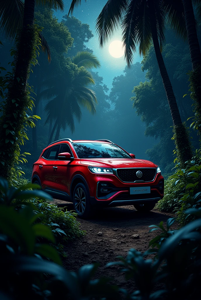 A  mg hector red car in jungle at night