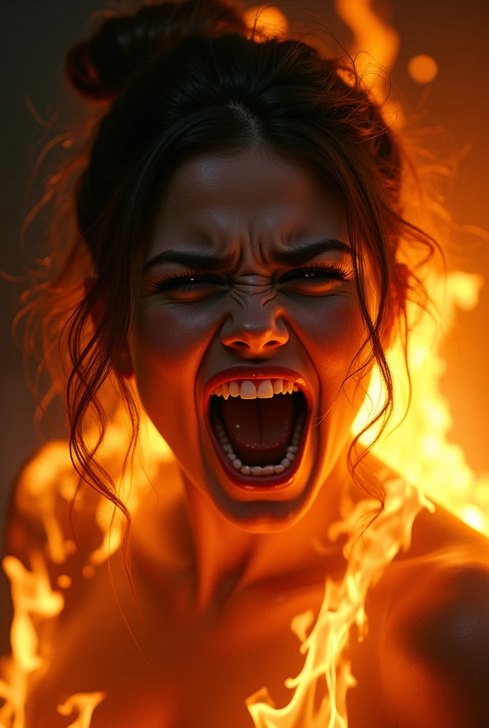 Selena Gomez wrapped in fire, burning, screaming, closeup