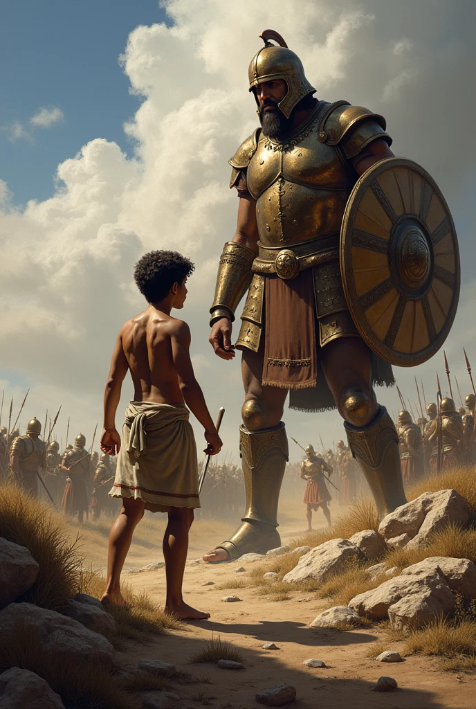 Create a scene of the biblical battle between David and Goliath from 1 Samuel. In the foreground, a young David, dressed in simple shepherd's clothing, is standing with a sling in his hand, poised to launch a stone. His expression is focused and courageous. Behind him, the imposing figure of Goliath looms large, clad in bronze armor, with a helmet, shield, and sword. The background shows a rocky battlefield under a dramatic, cloudy sky, with distant figures representing the armies of Israel and