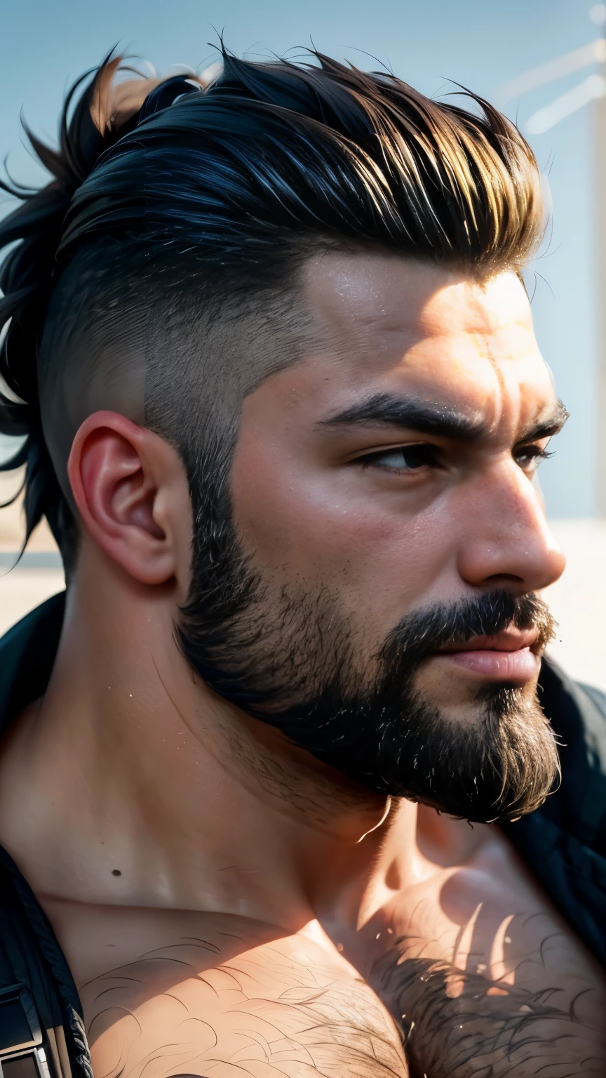 Head to thights photo, from front view, masterpiece, best quality, high resolution, closeup portrait, male focus, solo focus, muscular, burly, hairy, male, A handsome man with full beard, spiky hairstyle (big bulge:1.2), sunny day, blurred background, scruffy face, arrogant smirk, tattooed, amazing composition, front view, HDR, volumetric lighting, ultra quality, elegant, highly detailed, bright lighting