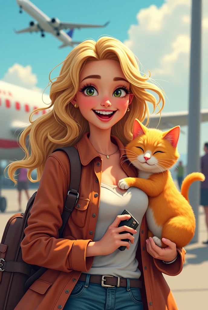 a happy woman with yellow cat they want traveling all over the world together.
they have suitcase, ariplane, camera and passport