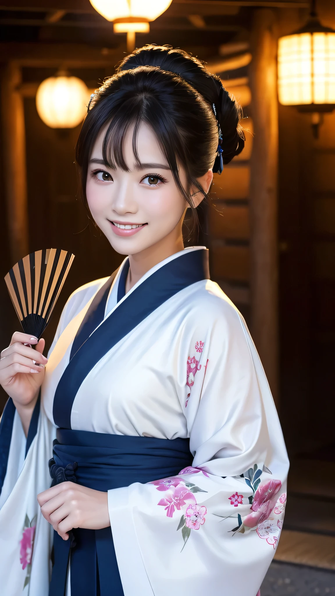 (Super beautiful woman in kimono)、((highest quality、8K masterpiece:1.3))、sharp focus:1.2、(super beautiful face:1.0)、(shiny skin:1.0)、realistic pictures、black hair、video lighting、High resolution eyes and face、video lighting、japanese actress、from the front、with a happy smile、whole body、wearing a kimono、in Kyoto、(luxury obi)、with a fan、Fireworks Display