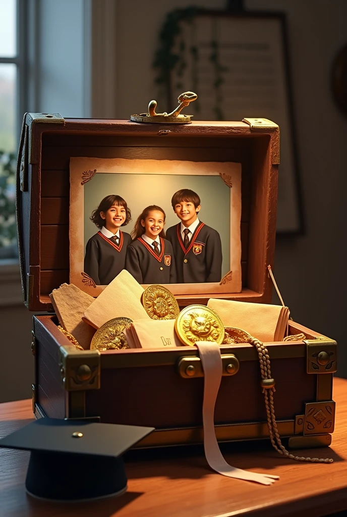 an animated opened treasure box with gold medals, letters, graduation caps and a picture of young friends in their uniforms inside it