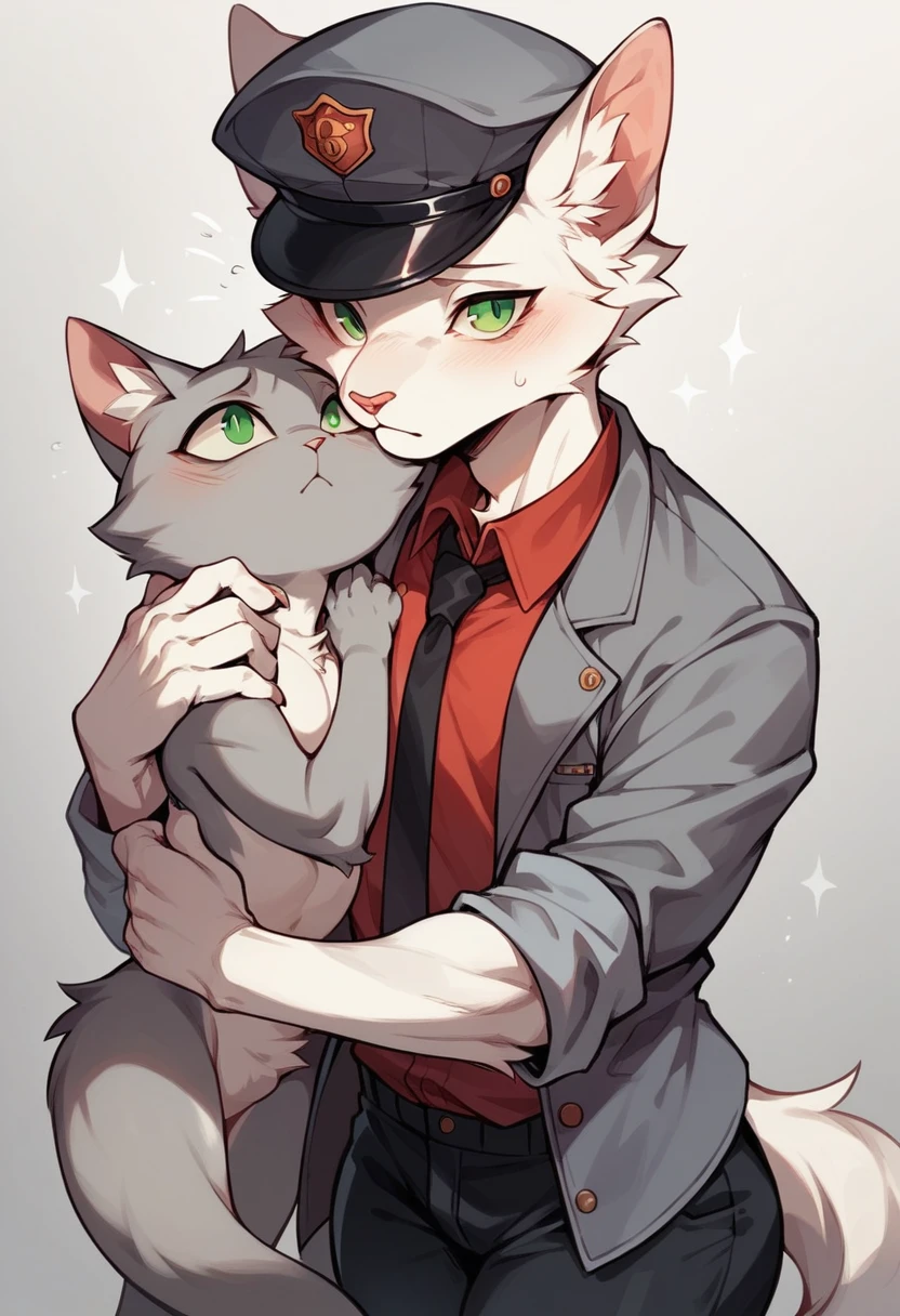 Solo femboy,furry,Cat, security Light pale green eyes, security , gray general hat with the museum of arms on it, gray tuxedo jacket with sleeves rolled up,jacket front in closed Red shirt, black tie, black trousers,shy face hug the random person
