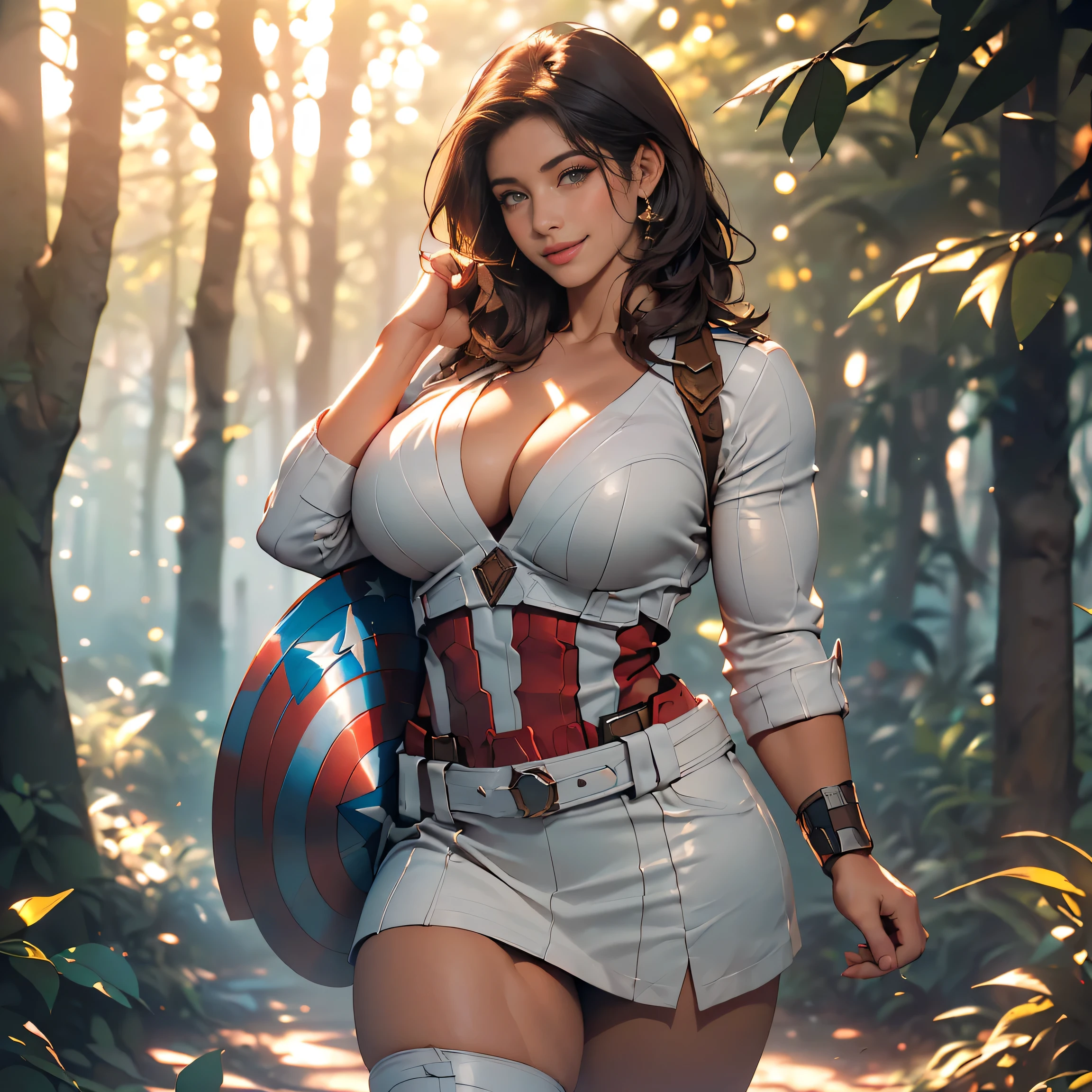 (((1 woman, Pretty Caucasian (female), Sarah Shahi, a slim but muscular body, huge breasts, short dark brown messy hair, blue eyes, ultra high resolution, masterpiece, highest quality, perfect detailed hands and fingers, perfect detailed eyes, perfect lighting, detailed lighting, dramatic shadow, ray tracing, perfect anatomy, Voluptuous, exposed large cleavage, symmetrical eyes, chubby lips, big , big ass, big beautiful thighs, abs, muscle, well exposed thighs, smiling, looking at viewer, erotic sexy pose, garota, Sozinho, abdomen, muscular, (wearing marvel's captain america costume, [[[ultra micro miniskirt, very very very micro miniskirt exposing full lengthy thighs]]], )):1.0、1 girl, Only 1 girl, light source from front, Detailed Beautiful Woman、Sexy walking pose, standing pose、((Best Quality)) ,((masterpiece)), (realism: 1.5), (Realistic: 1.4), (Absurdity:1.4), official art, extremely detailed CG unity 8k wallpaper, ultra-detailed, perfect lighting, Colorful, ultra high res, photography, 8K, HDR, Kodak portra 400, (bokeh:1.2), (vibrant_color:1.2), (warm hue, warm tone:1.2), (color photo), professional photograph, film grain:1.2, NSFW:1.0, forest background, evening, ((view from front))、