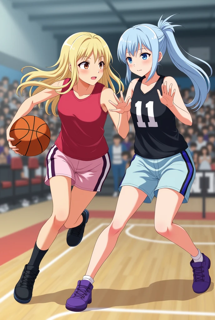 Lucy Heartfilia plays basketball with Juvia Lockser. Lucy Heartfilia is defending Juvia Lockser. Juvia Lockser is currently dribbling towards the basket.
Lucy Heartfilia is wearing a red T-shirt with pink shorts and black basketball shoes. She has long blond hair, beige skin and brown eyes.
Juvia Lockser wears a black n°11 tank top with light blue shorts and purple basketball shoes. She has long light-blue hair tied back, beige skin and blue eyes.
They are playing in a gymnasium in a real-life basketball game.